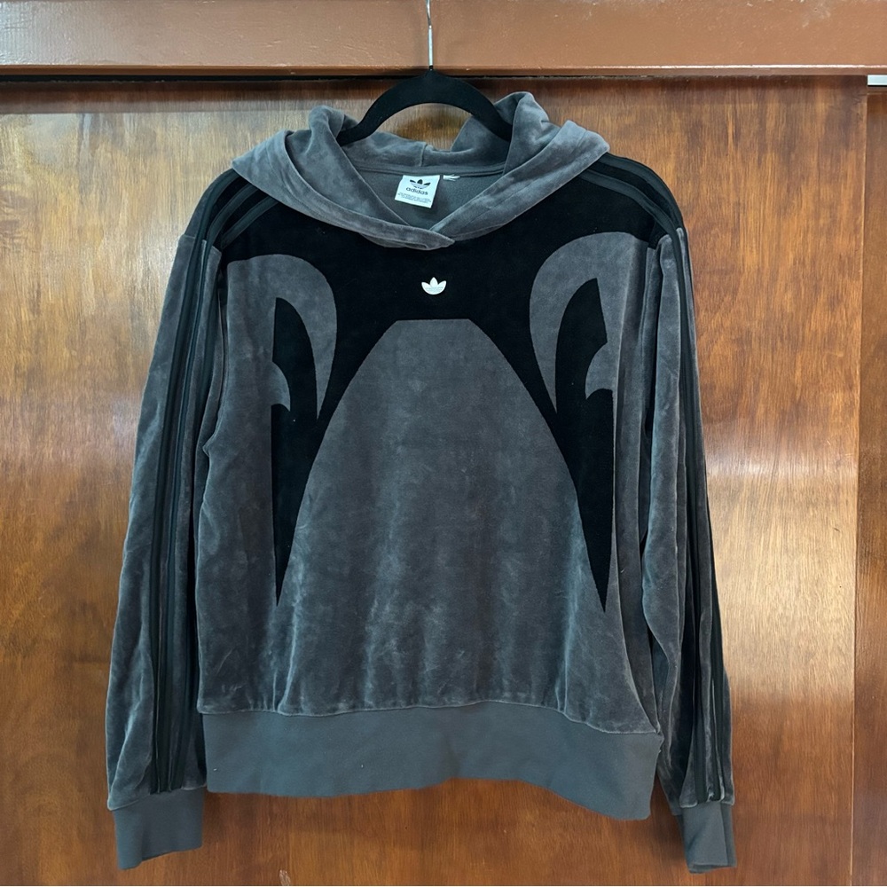 Adidas Original Velour Velvet Grey Black Hoodie with Silver Emblem size S